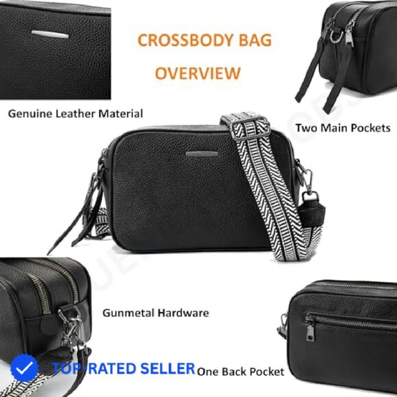 Genuine Leather Crossbody Bag Square Camera Messenger Purse Two Straps - Picture 8 of 8